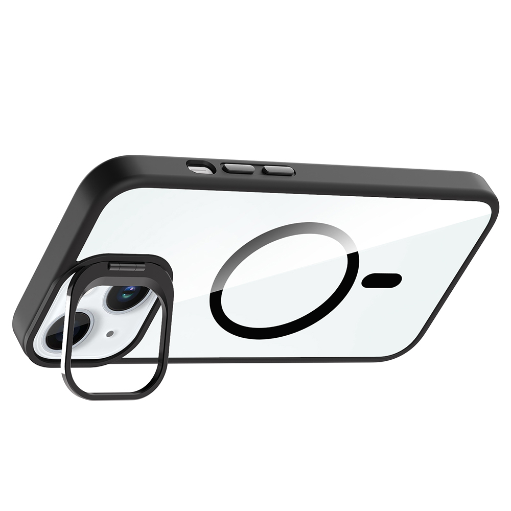 Şeffaf arka ve kamera korumalı siyah telefon kılıfı. Büyük bir daire ve nokta tasarımına sahip.
