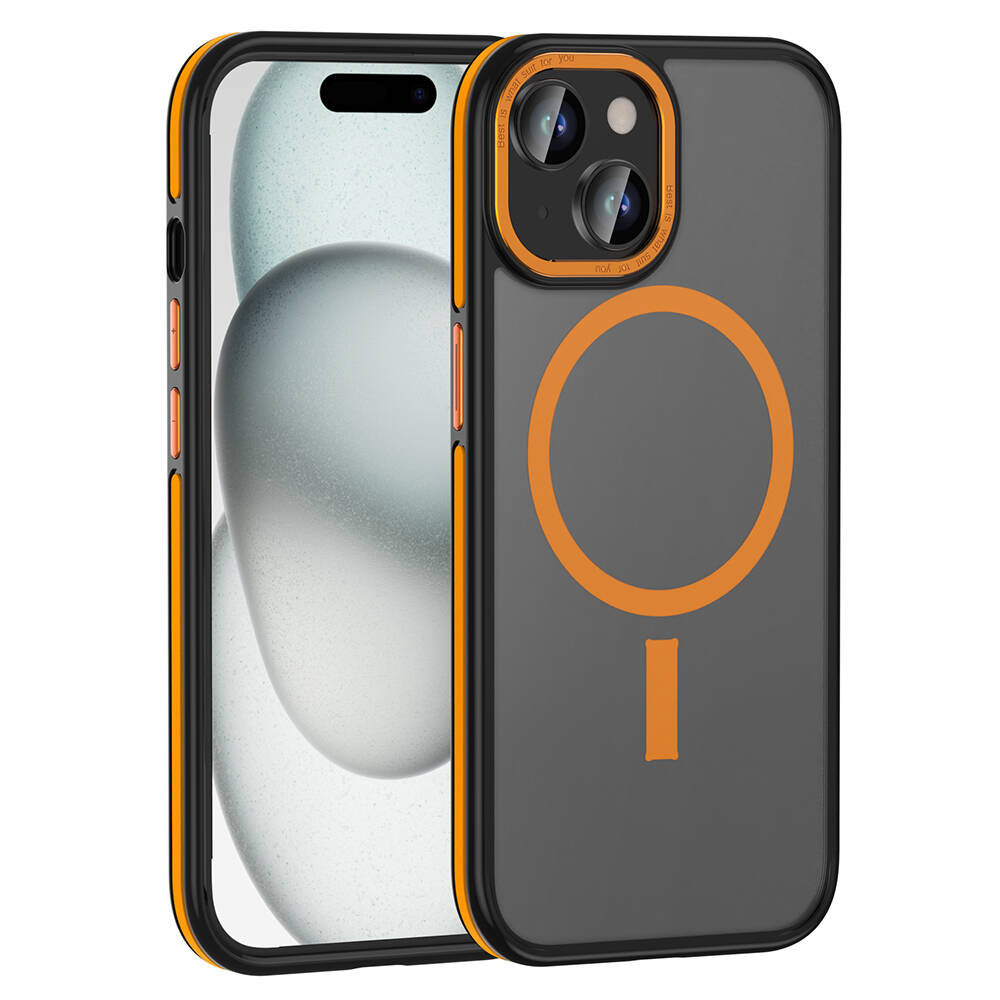 Koruyucu kılıf içinde bir iPhone. Kılıf siyah, turuncu ve gridir. Dairesel bir tasarıma ve dikdörtgen bir çubuğa sahiptir.