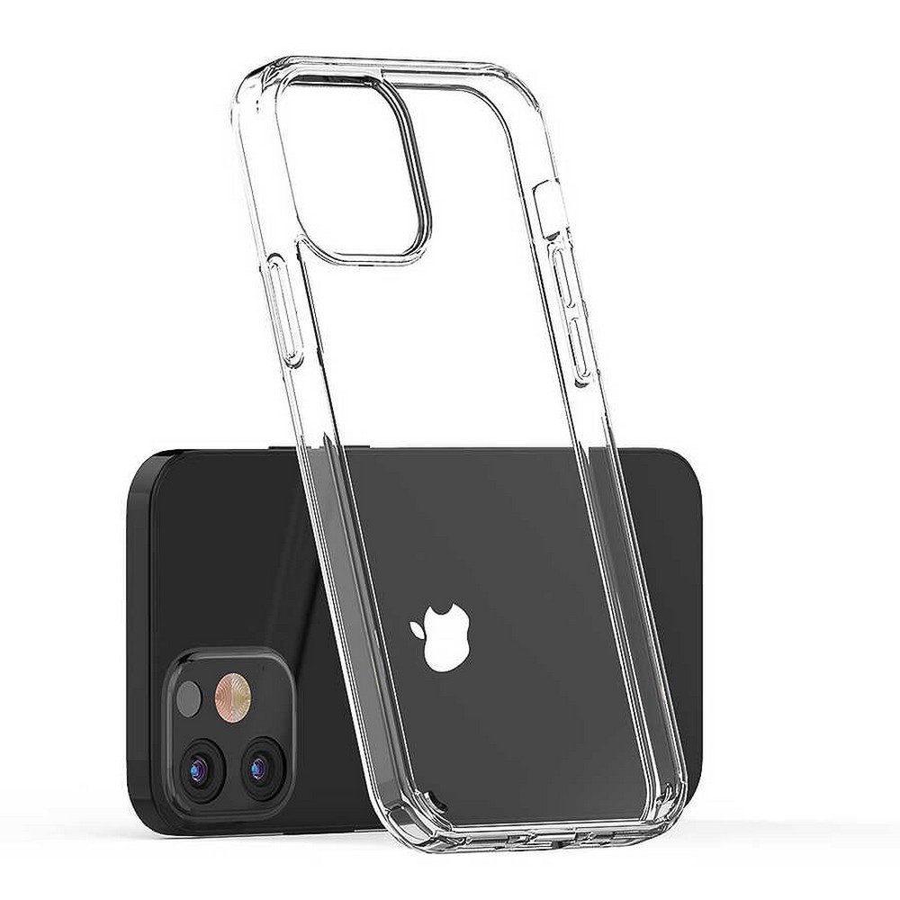Şeffaf bir telefon kılıfı siyah bir telefonun üzerinde duruyor. Telefonda beyaz bir Apple logosu ve bir kamera modülü var.