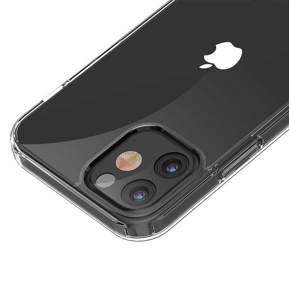 Siyah bir telefonun üzerinde şeffaf bir telefon kılıfı. Apple logosu görünür. Kamera lensleri sol alt köşede.