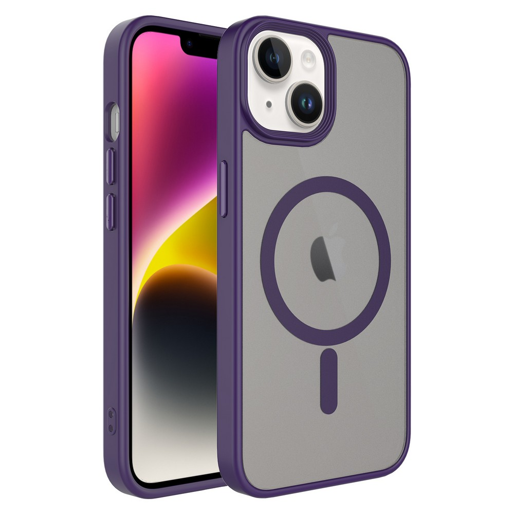 Gri arka kısmı olan mor bir iPhone kılıfı, kısmen telefon ekranını gösteriyor. Kılıf, bir Apple logosu ile dairesel bir tasarıma sahip.
