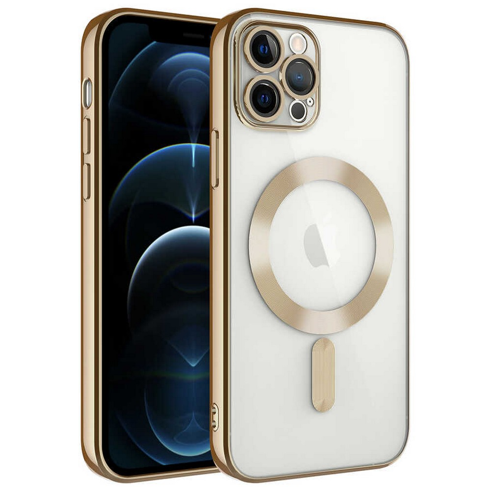Altın çerçeveli bir iPhone kılıfı. Kılıfın arkası şeffaf, altın bir halka ve çubuğu var. İçindeki telefon mavi ve siyah bir arka plana sahip.