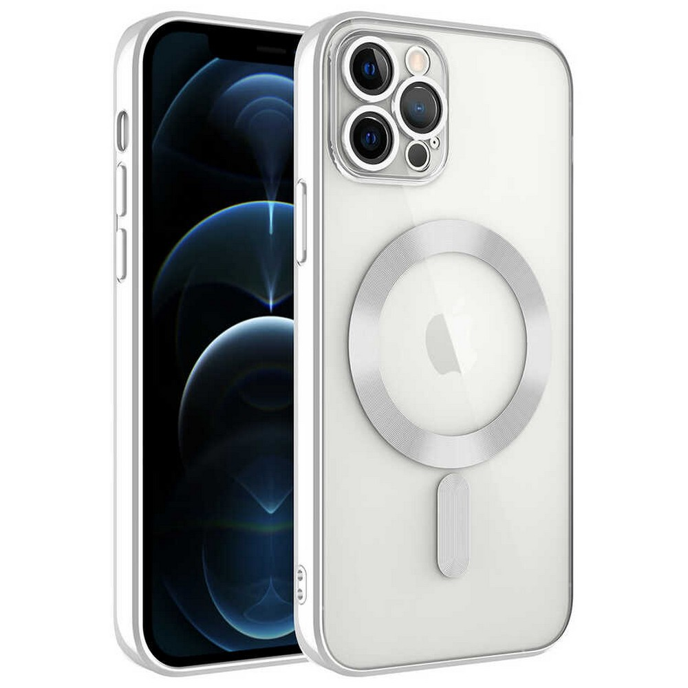 Şeffaf bir kılıf içinde bir iPhone. Kılıfın gümüş bir halkası ve altta gümüş bir dikdörtgeni var. Telefon siyah.