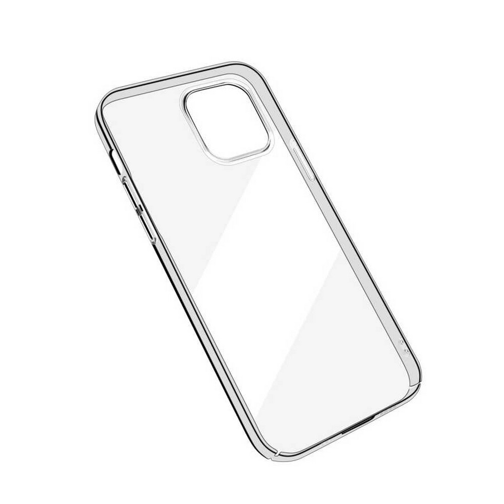 Şeffaf bir telefon kılıfı. Kılıfın kamera ve düğmeler için kesikleri var. Beyaz bir zemin üzerinde hafifçe açılı duruyor.
