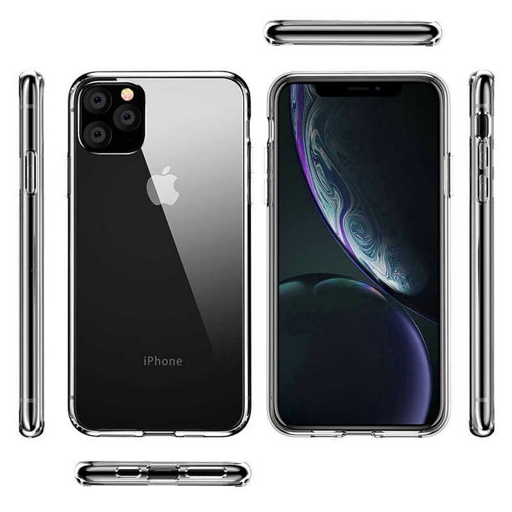 Şeffaf kılıflı iki iPhone, ek kılıf görünümleriyle çevrili. Apple logosu görünür. Kılıflar şeffaf görünüyor.