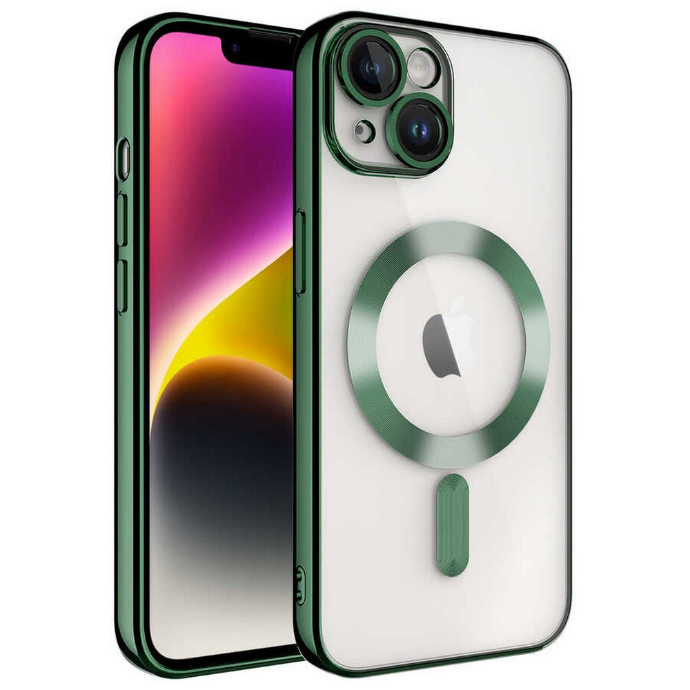 Yeşil çerçeveli kılıf içinde iPhone. Telefonun ekranında renkli bir duvar kağıdı görünüyor. Kılıfın dairesel bir manyetik halkası ve küçük bir dikey dikdörtgeni var.