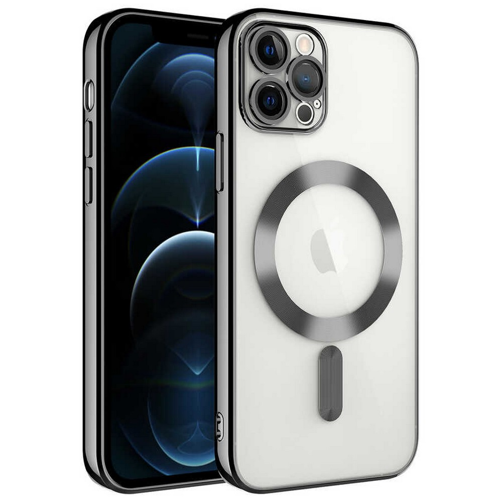 Şeffaf bir kılıfı olan bir iPhone. Kılıfın gümüş bir halkası ve küçük bir çubuğu var. Telefonun ekranı görülebilir.