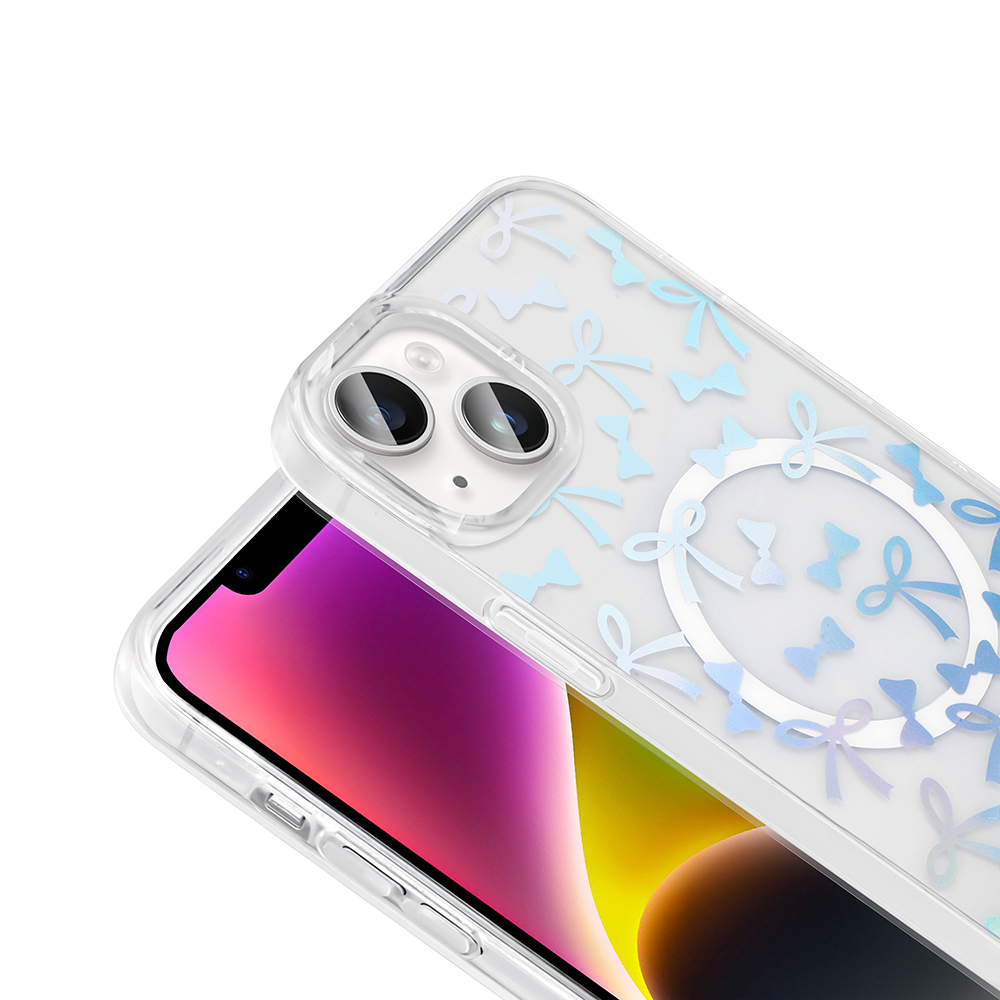 Mavi kurdeleler ve oval tasarım içeren şeffaf telefon kılıfı. Ekran mor ve sarı renkleri gösteriyor.