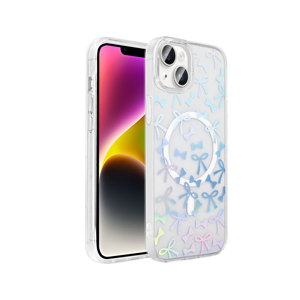 Şeffaf kılıflı bir iPhone. Kılıf yaylarla süslenmiştir. Telefon ekranı mor ve sarı geçişler gösteriyor.