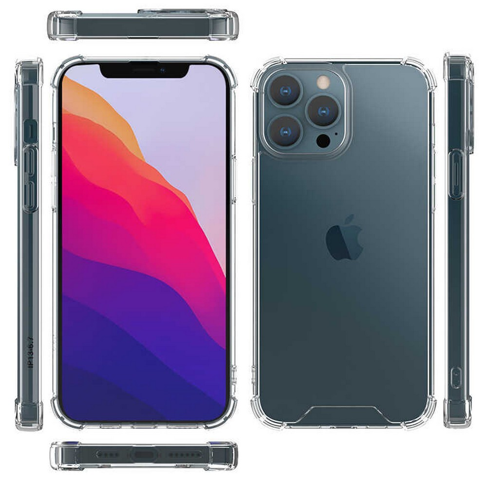 Şeffaf bir telefon kılıfı bir iPhone sergiliyor. Telefon renkli bir duvar kağıdı gösteriyor. Kılıf birden fazla açıdan gösteriliyor.