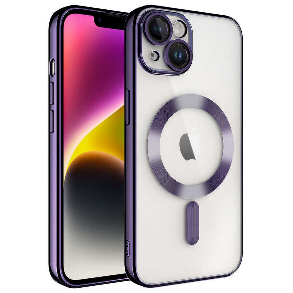 Mor kenarlı şeffaf bir kılıfa sahip bir iPhone. Telefon ekranı renkli bir geçiş gösteriyor. Mor bir daire Apple logosunu vurgular.