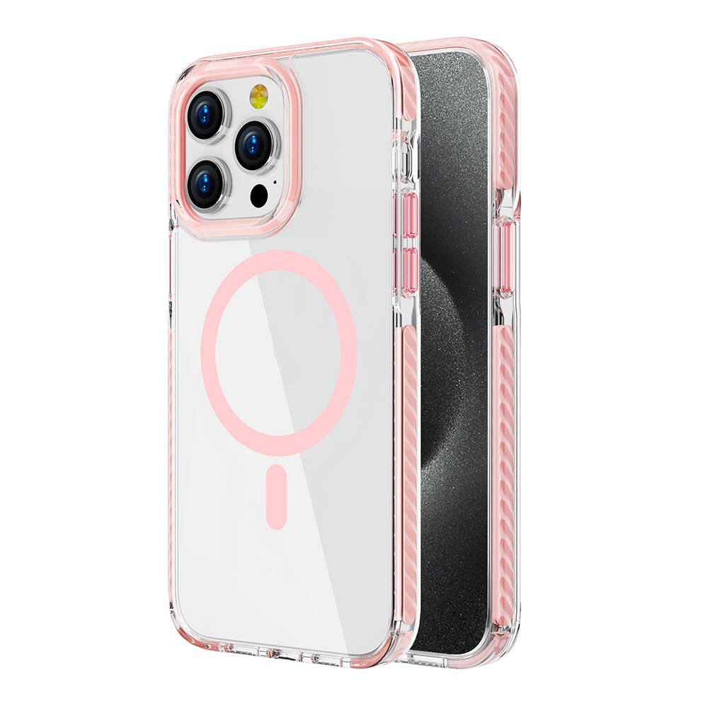 Pembe detaylı şeffaf telefon kılıfı. Çoklu lenslere sahip bir telefonu çevreler. Pembe bir daire ve çubuk görünür.