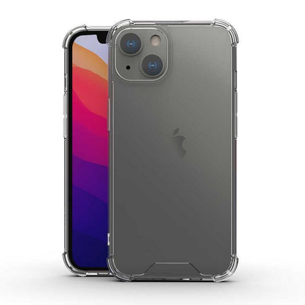 Şeffaf koruyucu kılıf içinde iPhone. Telefon gri, kılıf şeffaf, telefonun tasarımını gösteriyor.