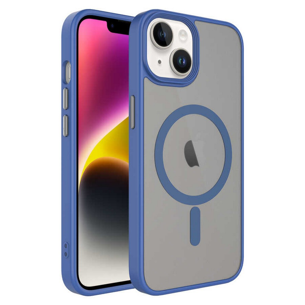 Mavi ve gri iPhone kılıfı, görülebilir telefon ekranı. Kılıf, mavi çerçeveli ve Apple logolu şeffaftır.