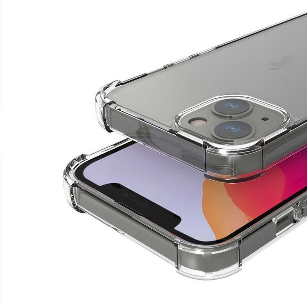 Üst üste konulmuş iki şeffaf telefon kılıfı. Bir kılıfın içinde mor ve kırmızı ekranlı bir telefon var. Diğerinde kamera görünüyor.