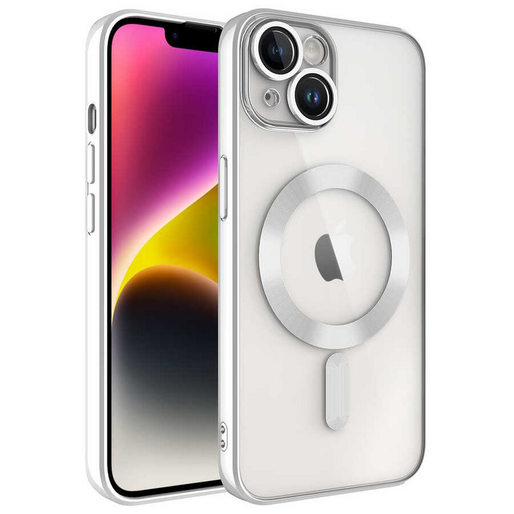 Şeffaf bir kılıfın içinde bir iPhone. Telefonun ekranı renkli bir gradyan gösteriyor. Kılıfın gümüş bir halkası ve beyaz bir şeridi var.