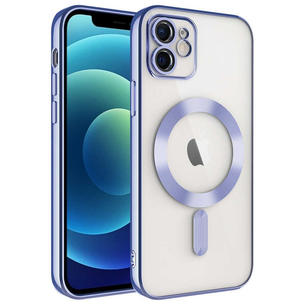 Koruyucu kılıf içinde bir iPhone. Kılıf şeffaf ve mavi detaylı. Manyetik halka ve stand arkada görünüyor.