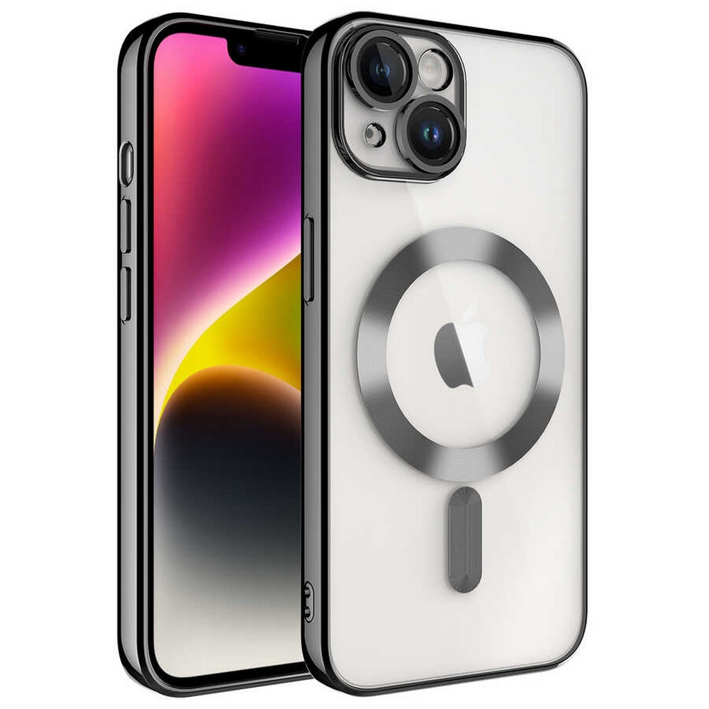 Siyah çerçeveli şeffaf kılıf içinde bir iPhone. Telefonun ekranında renkli bir arka plan görüntüleniyor. Kılıfın manyetik bir halkası var.