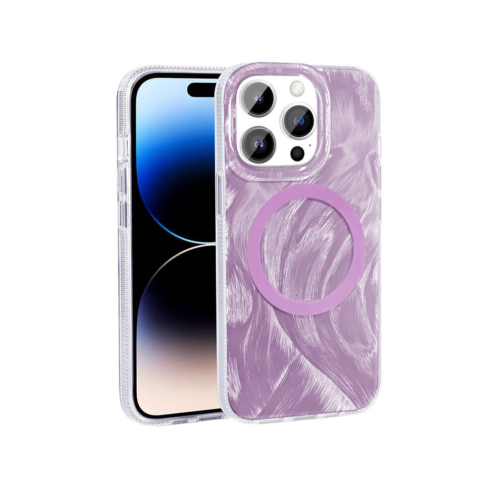 Beyaz bir arka plan üzerinde, mor mermer desenli bir kılıf ve yanında şeffaf bir kılıf bulunan bir iPhone.