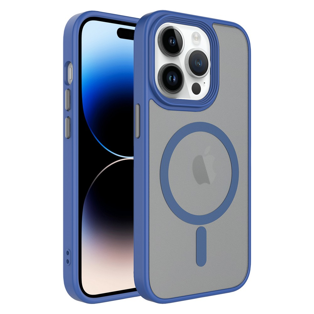 Mavi ve gri kılıf içinde bir iPhone. Kılıfın arkasında Apple logosu ile dairesel bir tasarım var.