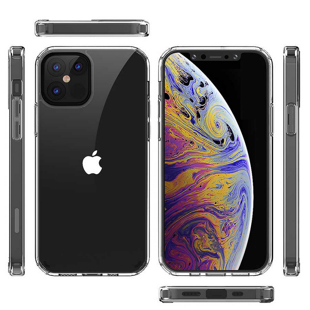 İPhone'lu şeffaf telefon kılıfı. Kılıf şeffaf, telefonun arkasını ve soyut sanatlı ekranını gösteriyor.