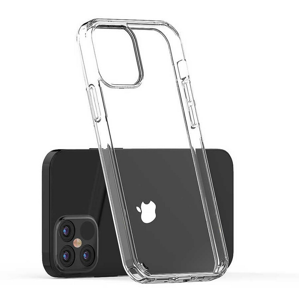 Şeffaf koruyucu kılıf takılı siyah bir iPhone. Telefonun üç lensli kamerası ve Apple logosu var. Kılıf şeffaf.