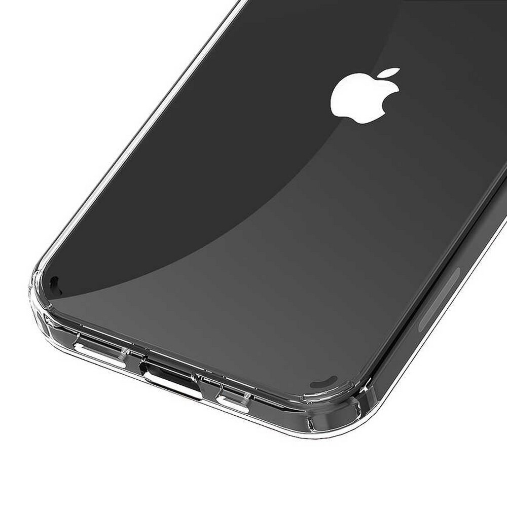 Siyah bir telefon üzerinde şeffaf bir telefon kılıfı. Apple logosu görünür. Kılıf, yuvarlak köşelere sahip, şeffaf, koruyucu bir tasarıma sahiptir.