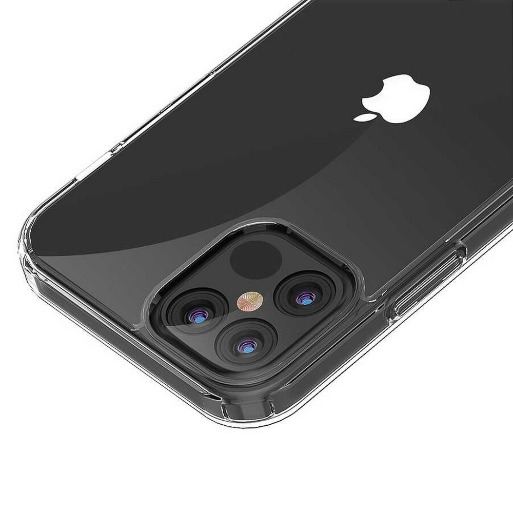 Apple logolu şeffaf telefon kılıfı. Telefonun kamera lensleri kılıfın içinden görülebilir. Kılıfın şeffaf bir kenarı var.