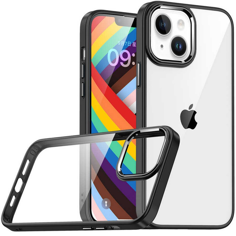 Gökkuşağı duvar kağıdı, siyah Apple logosu ve görünür kameraları olan bir iPhone'un etrafında siyah çerçeveli şeffaf telefon kılıfı.
