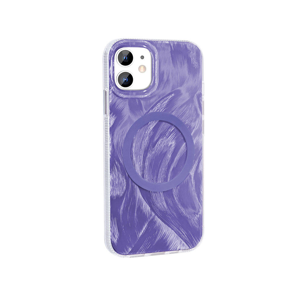 Arkada halkası olan mor bir iPhone kılıfı. Kılıfın fırça darbesi tasarımı var. Telefondan iki kamera var.