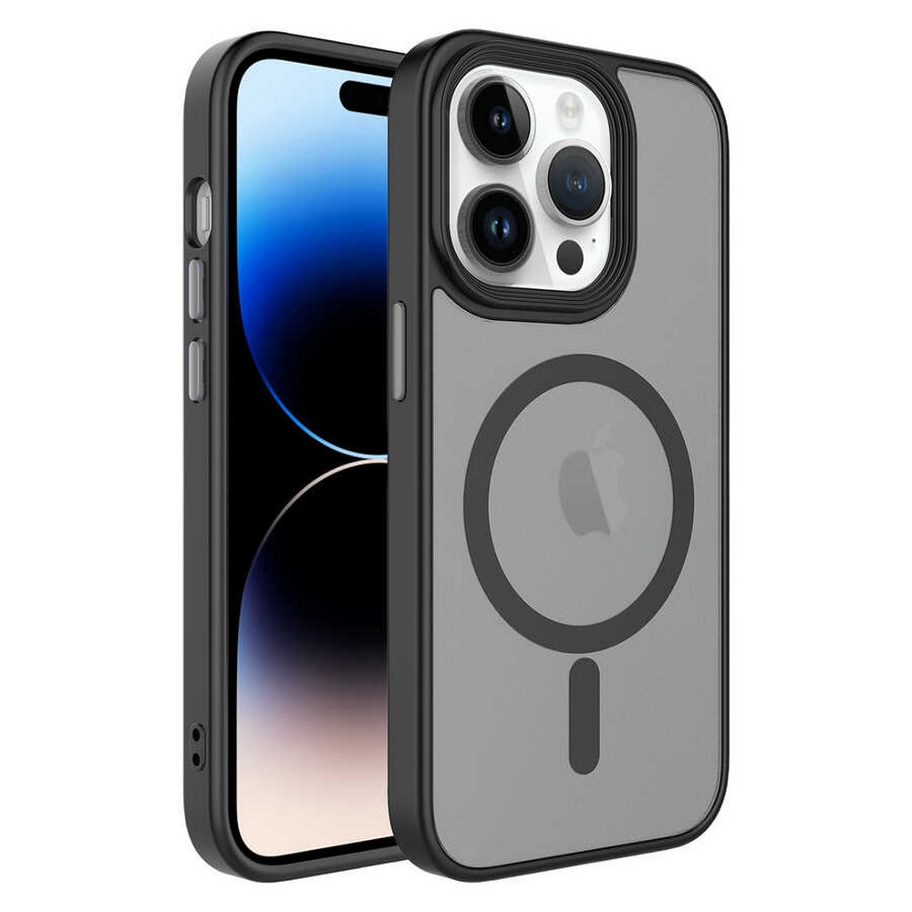 Siyah ve gri bir kılıf içinde bir iPhone. Kılıfın şeffaf bir arka kısmı, manyetik bir daire ve bir kamera koruyucusu var.