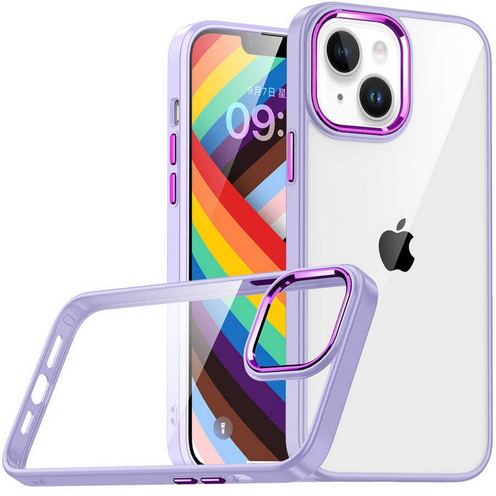Mor çerçeveli şeffaf bir telefon kılıfı. İçinde gökkuşağı duvar kağıdı olan bir telefon var. Bir Apple logosu görülebilir.