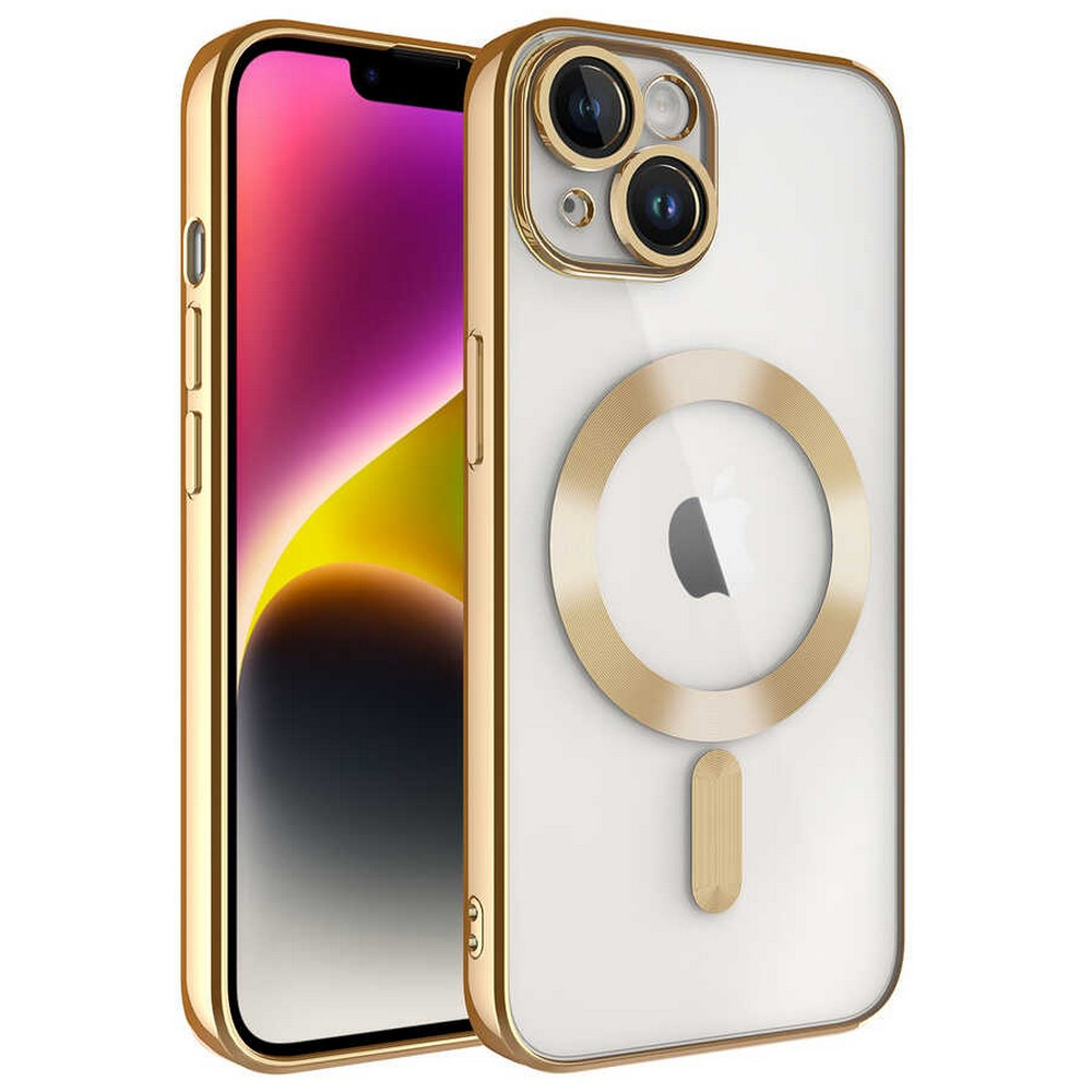 Altın kılıflı iPhone. Telefonun altın halkalı ve altın çerçeveli şeffaf bir arka yüzü var.