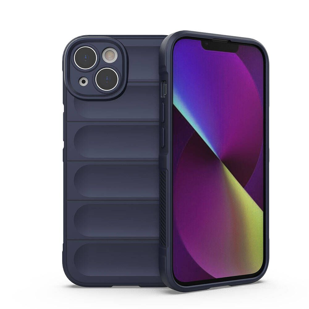 İki koyu mavi iPhone kılıfı, biri kamera oyuklarına sahip, diğeri mor ve sarı bir ekrana sahip.