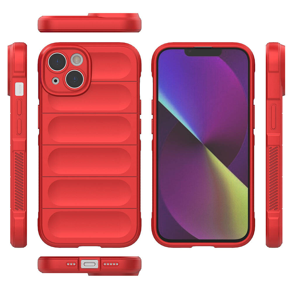 Çoklu görünümlere sahip kırmızı telefon kılıfı. Kılıf, kapitone desenli dikdörtgen tasarıma sahip. Ekran, renkli bir görüntü gösteriyor.