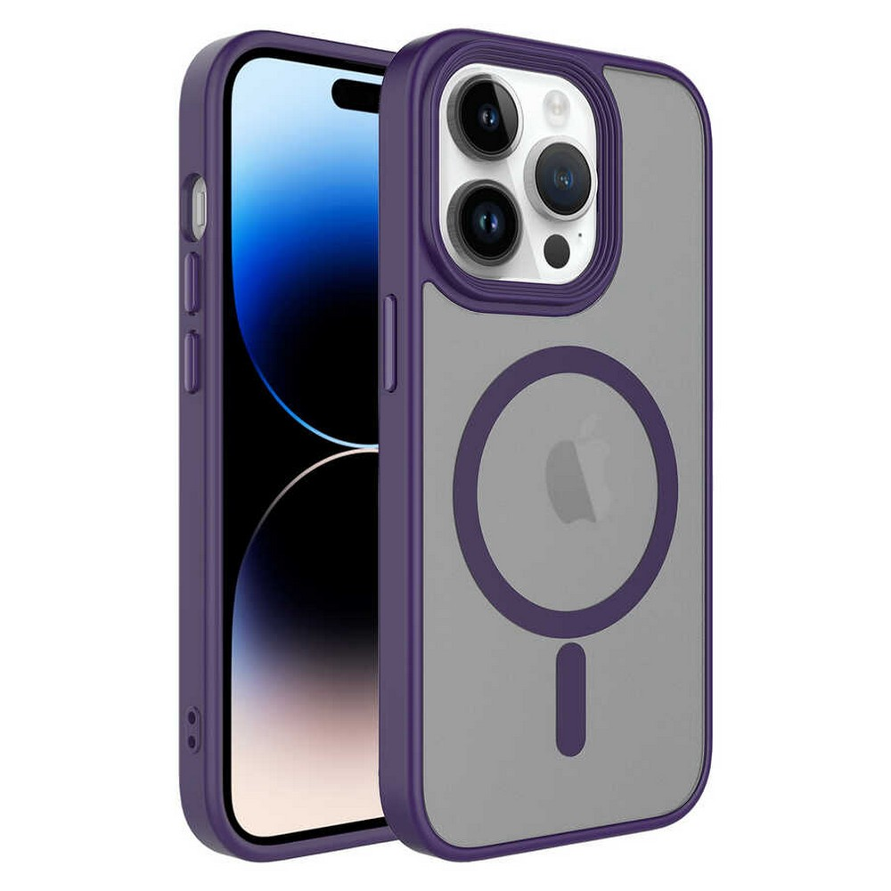 Mor ve gri kılıf içinde bir iPhone. Telefonun ekranında mavi bir geçiş gösteriliyor. Kılıfta manyetik bir daire ve bir eksi işareti var.