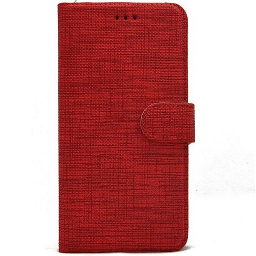 Dokulu yüzeye, manyetik kapamaya ve üstte üç küçük deliğe sahip kırmızı bir telefon kılıfı. Arka plan beyaz.