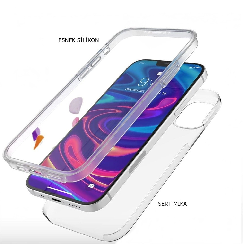Şeffaf kılıflı bir akıllı telefon. Telefon saati gösteriyor. Kılıf, esnek silikon ve sert mika dahil olmak üzere üç parçadan oluşuyor.