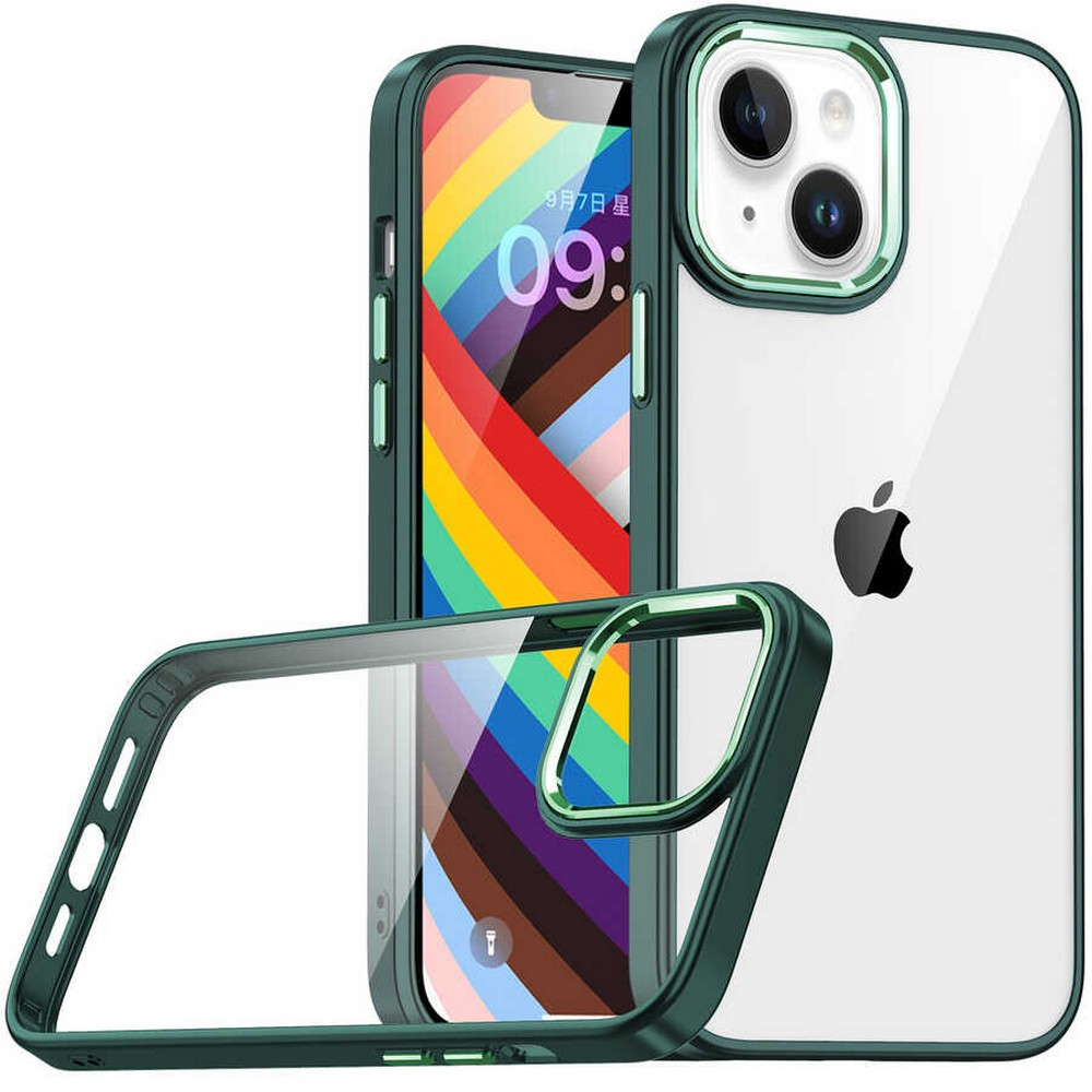 Yeşil bir kılıf içinde bir iPhone. Telefon, tarih ve saati gösteren renkli bir ekran görüntüler. Kılıfın arkası şeffaftır.