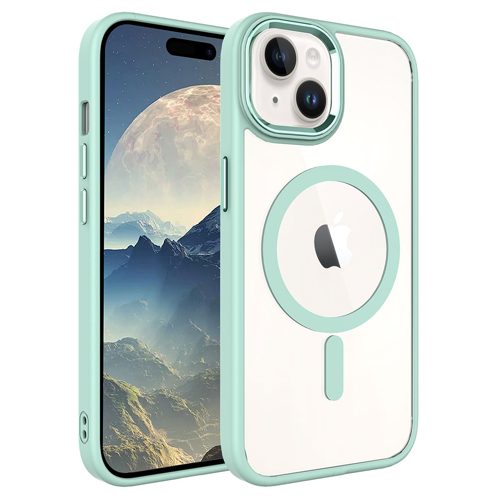 Açık yeşil çerçeveli ve şeffaf arka yüzeyli bir iPhone kılıfı. Telefon ekranında büyük bir gezegenle bir manzara görülüyor.