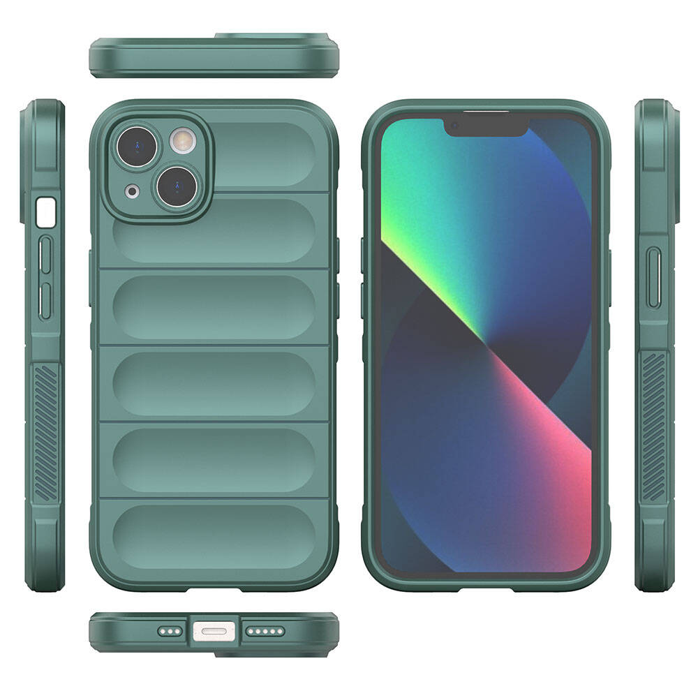 İçinde telefon olan yeşil bir iPhone kılıfı. Kılıfın dokulu bir sırtı vardır ve çeşitli açılardan gösterilir.