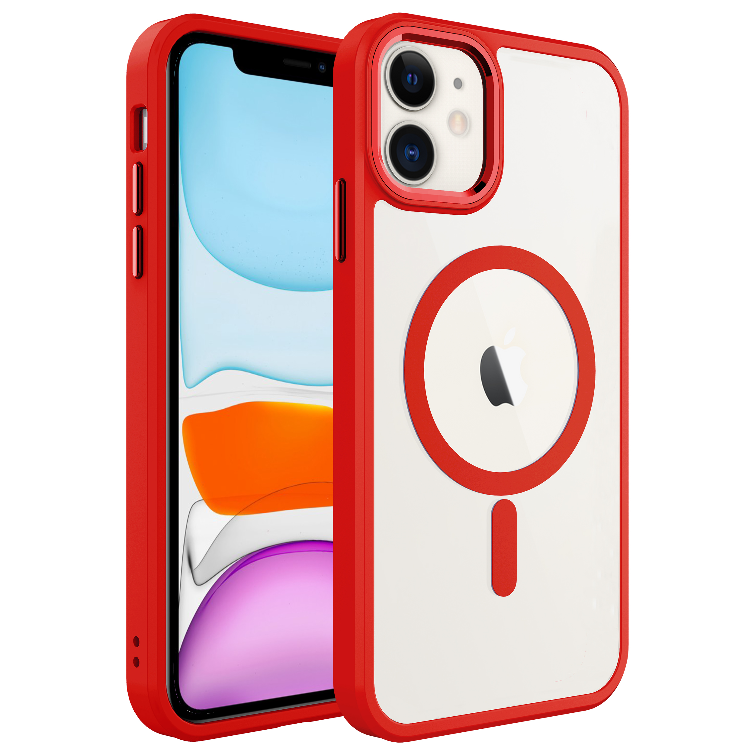 İçinde telefon olan iki iPhone kılıfı. Kılıflar kırmızı, şeffaf arka yüzeyli. Birinde Apple logosu var.