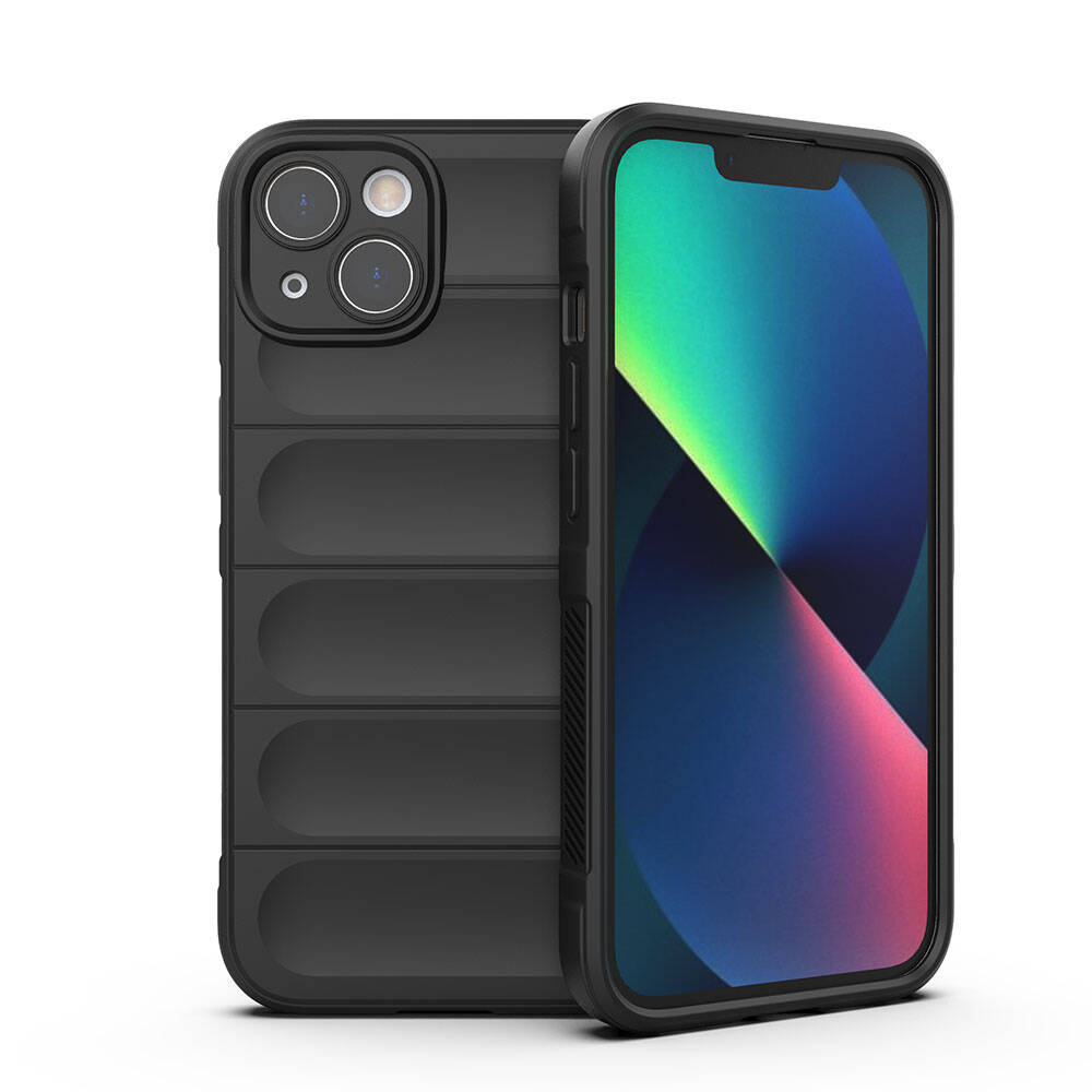 Siyah iPhone, koruyucu kılıfı ile kamera lenslerini ve renkli ekranı gösteriyor. Kılıf dokulu bir tasarıma sahip.