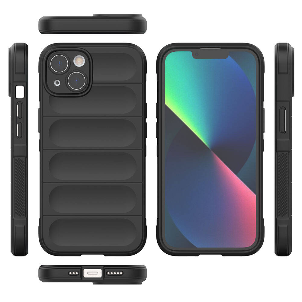 Renkli soyut grafikler gösteren bir telefon ekranına sahip, dokulu tasarımlı siyah telefon kılıfı. Birkaç görünüm gösteriliyor.