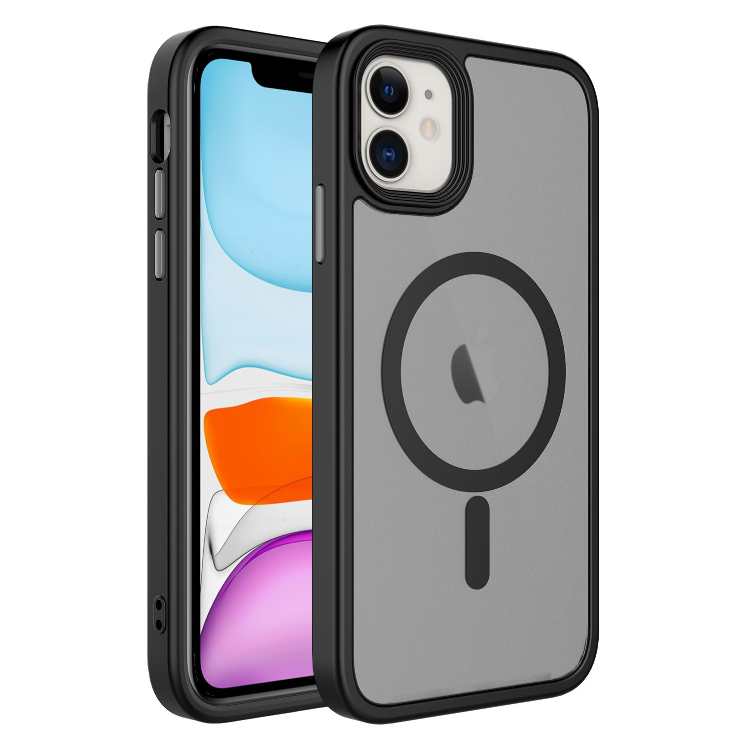 Siyah ve gri koruyucu kılıf içinde bir iPhone. Kılıfın manyetik bir çemberi ve dikey bir çubuğu var. Telefonun ekranı görülebilir.
