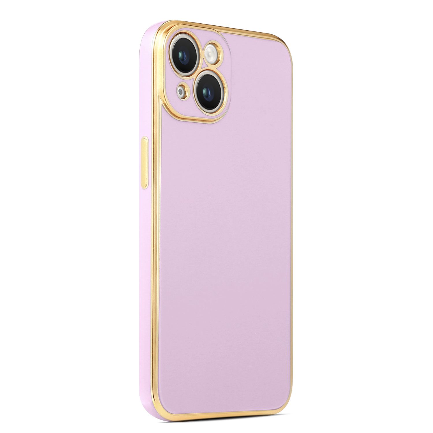 Altın çerçeveli leylak rengi bir telefon kılıfı. Kamera bölümünde üç lens var. Kılıf beyaz bir arka plan üzerinde.