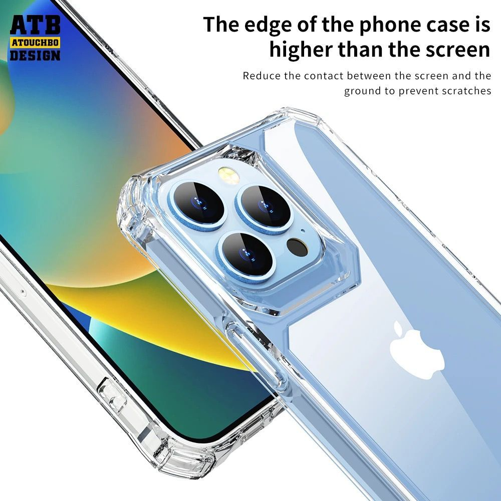 Şeffaf bir telefon kılıfı bir iPhone'u korur. Kılıfın kenarı ekrandan daha yüksektir. Apple logosu görünür.