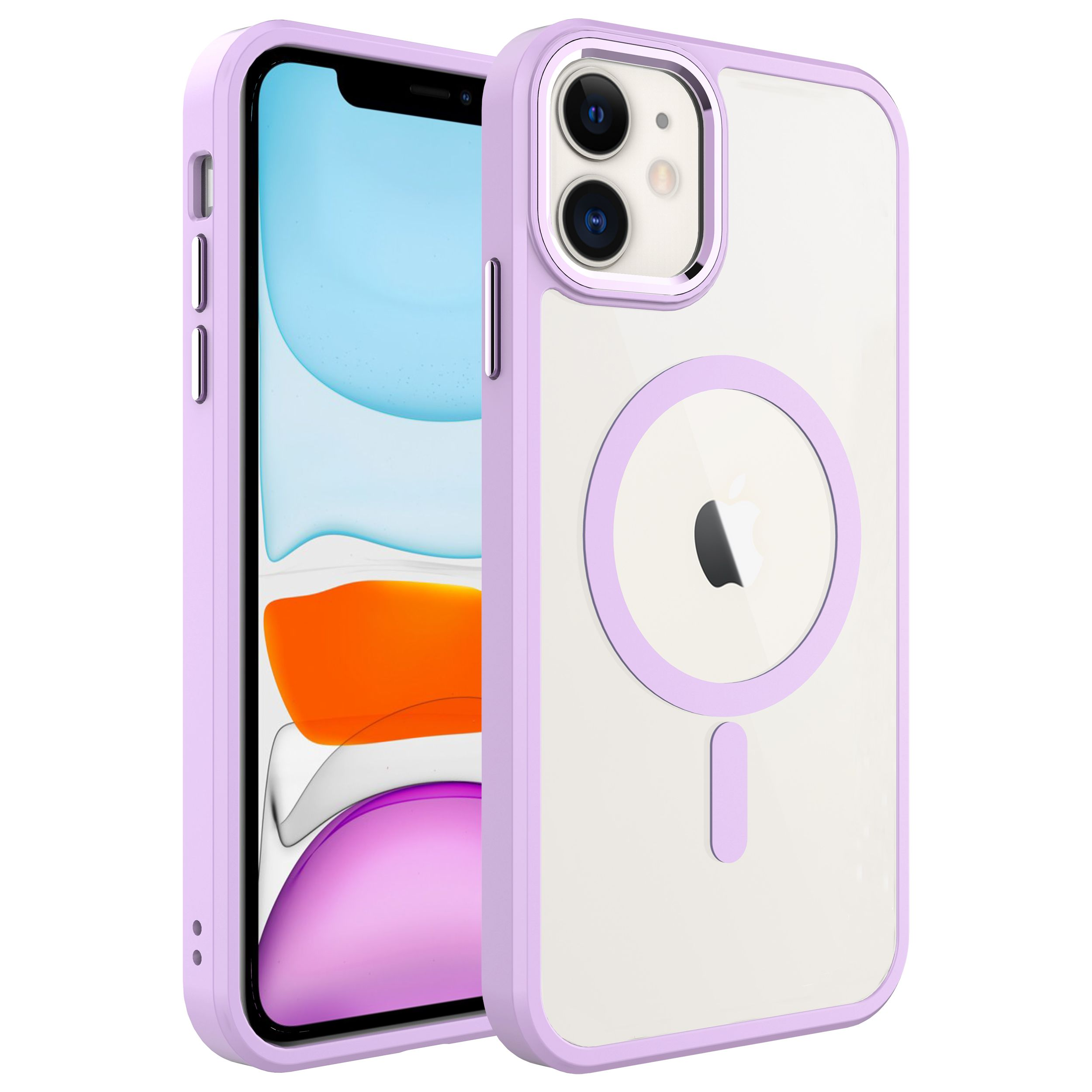 Açık mor bir kılıf içinde bir iPhone. Kılıfın arkası şeffaf, Apple logosu ve mor bir çerçevesi var.