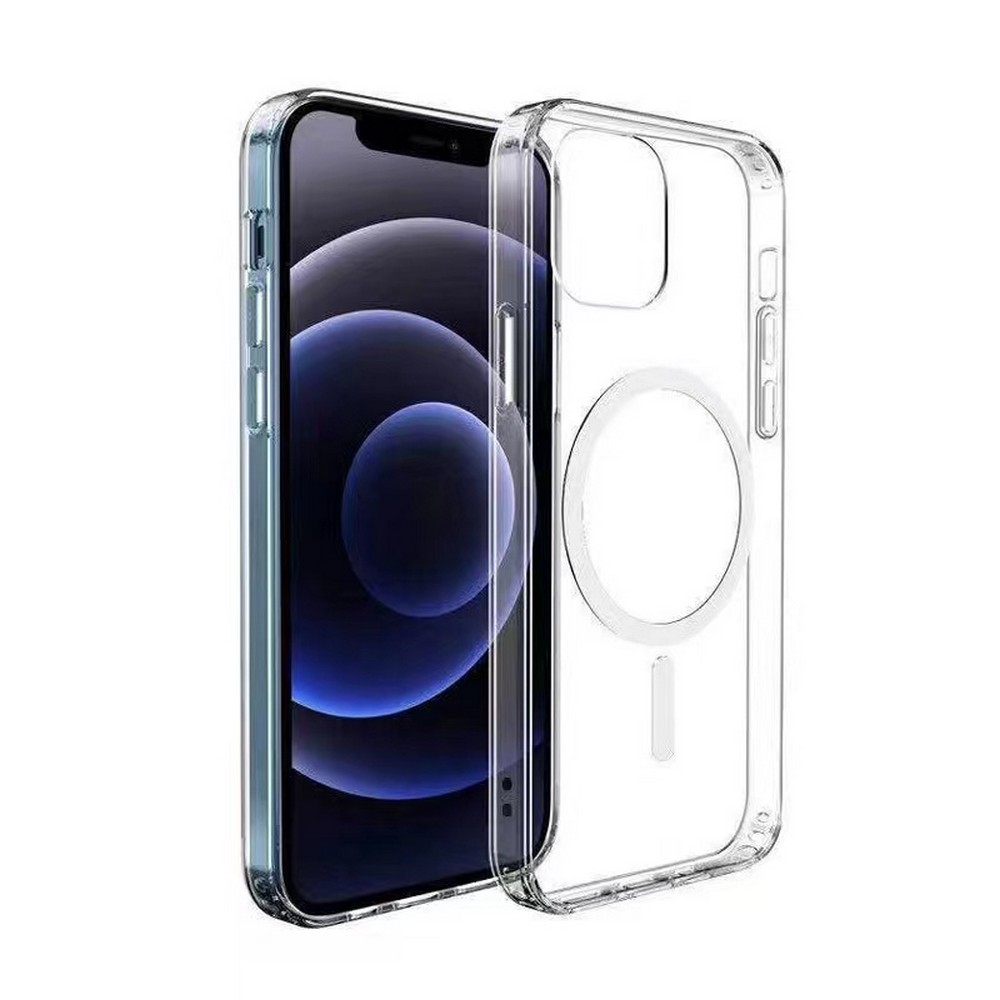 Şeffaf kılıflı iPhone. Ekran, koyu mavi bir degrade görüntüler. Kılıf, dairesel tasarıma sahip şeffaftır.