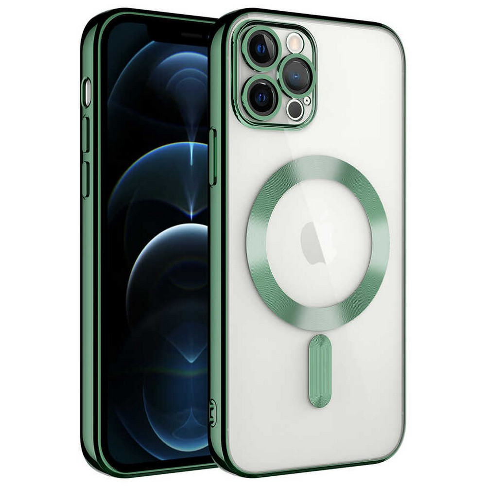 Yeşil çerçeveli bir kılıf içinde bir iPhone. Arkası yeşil bir halka ve Apple logosunu gösterir. Ekran, mavi, soyut bir tasarım sergiliyor.